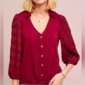 Vanessa Virginia, By Anthropologie Maroon Tie Front Lace Top, Size XS